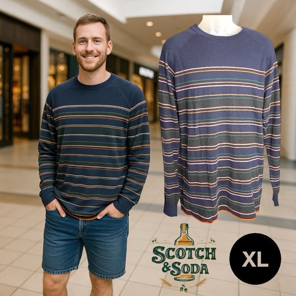 Scotch & Soda Crew Neck Knit Stripe Sweater Cotton Cashmere Men’s XL Navy Blue
